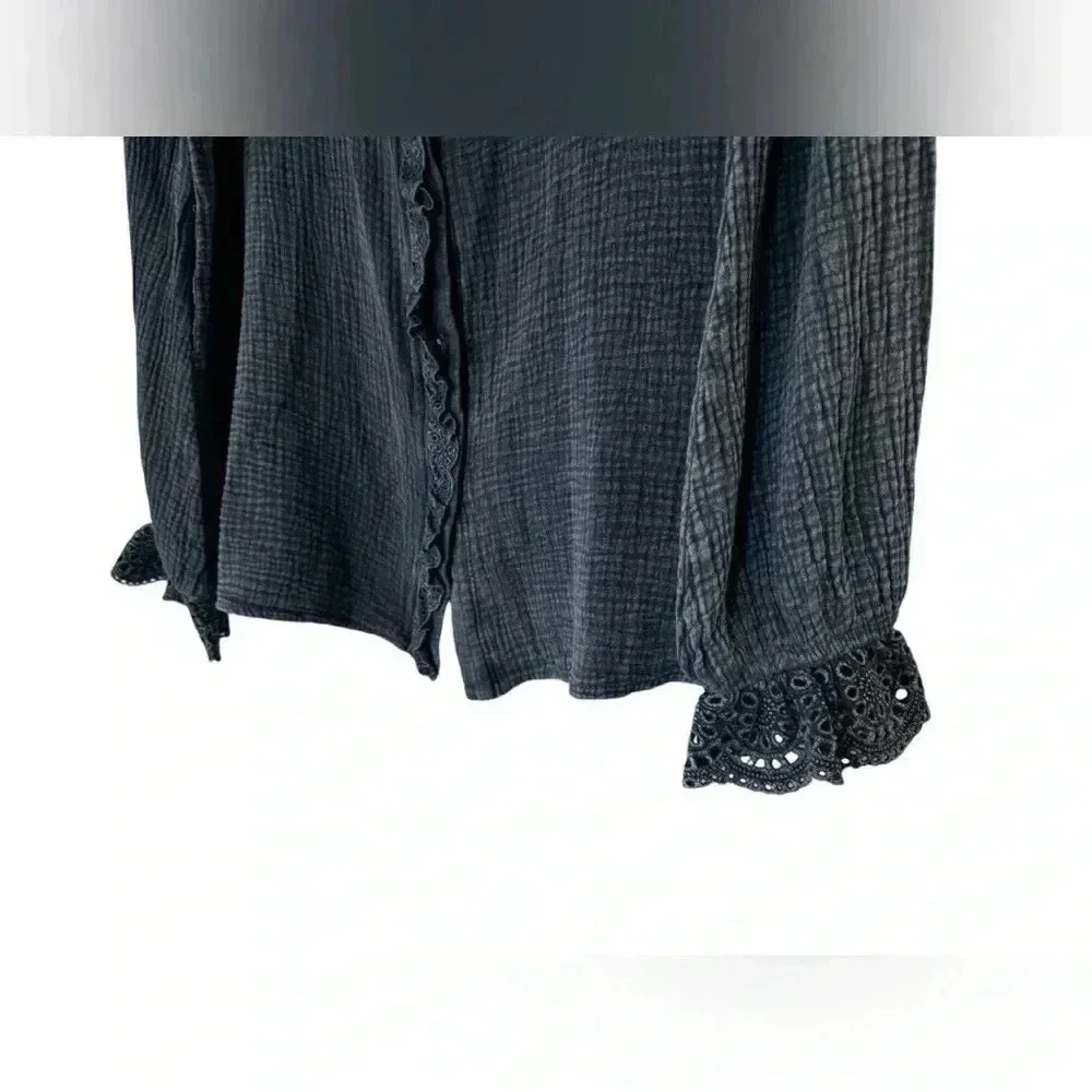 MAZIK Charcoal Gray Eyelet Ruffle Button Down Long Sleeve Tunic Shirt
